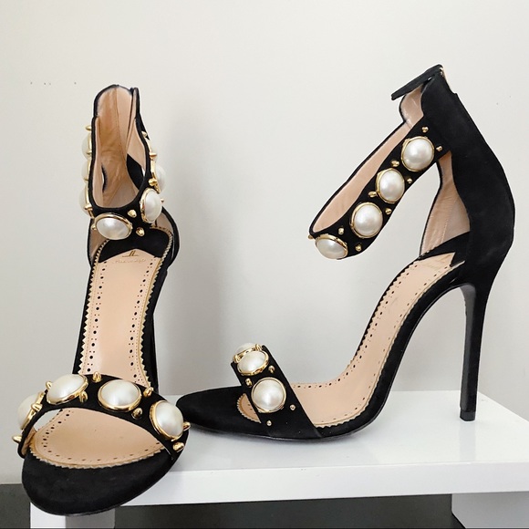 Elisabetta Franchi Faux Pearl Black Gold Strappy Sandals 40 41 10 10.5 11 - Picture 3 of 11